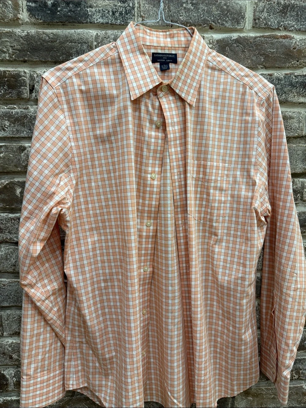 Banana Republic Men's Orange and White Checked Button-Down Shirt -slim fit